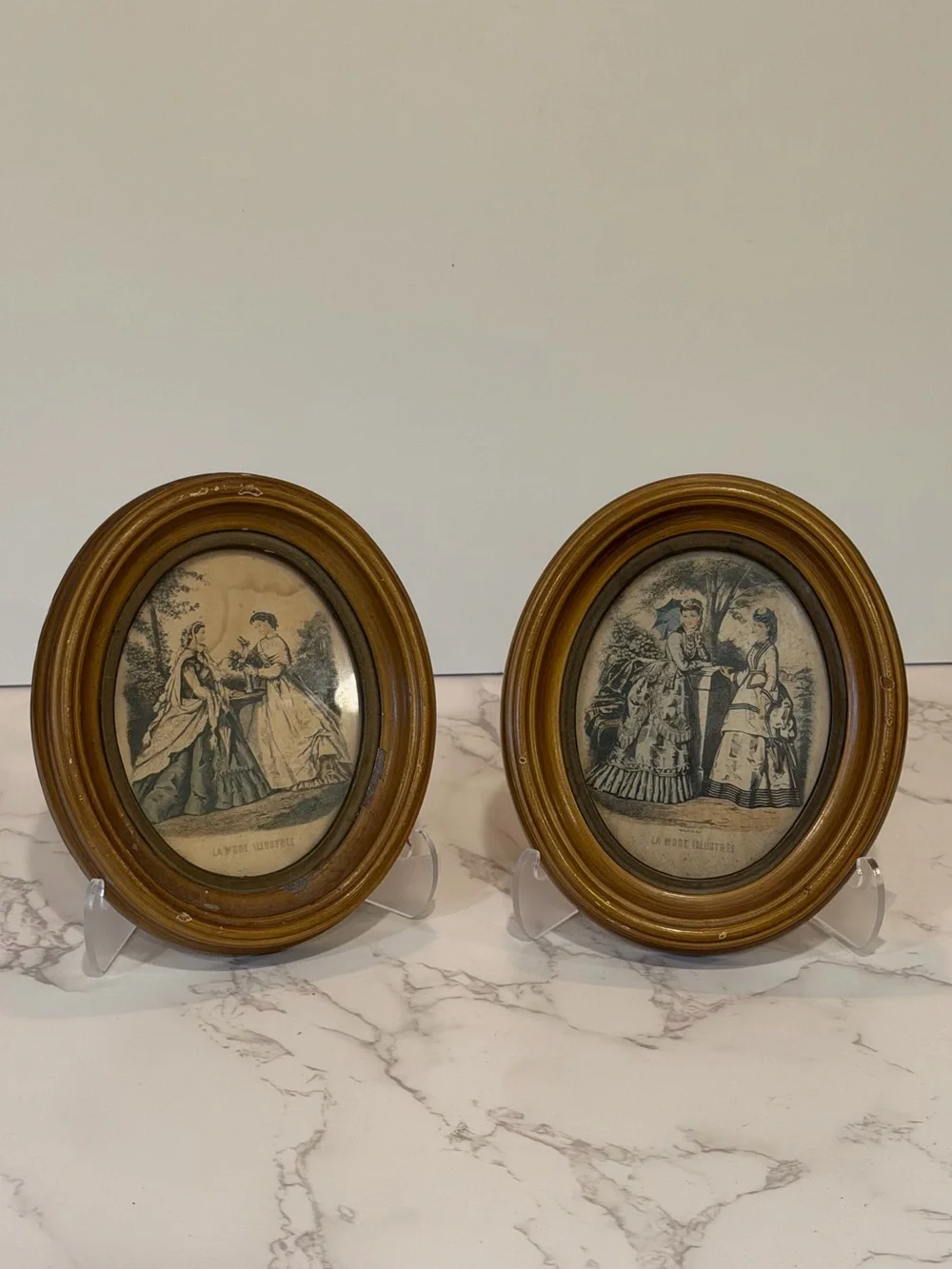 Antique French Fashion Prints in Oval Wood Frames La Mode Illustrée 6” Set of 2